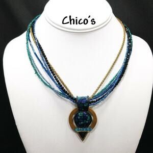 Chico's Teal Blue Beaded Necklace, Rhinestone Enamel Pendant, Five Strands, 20"